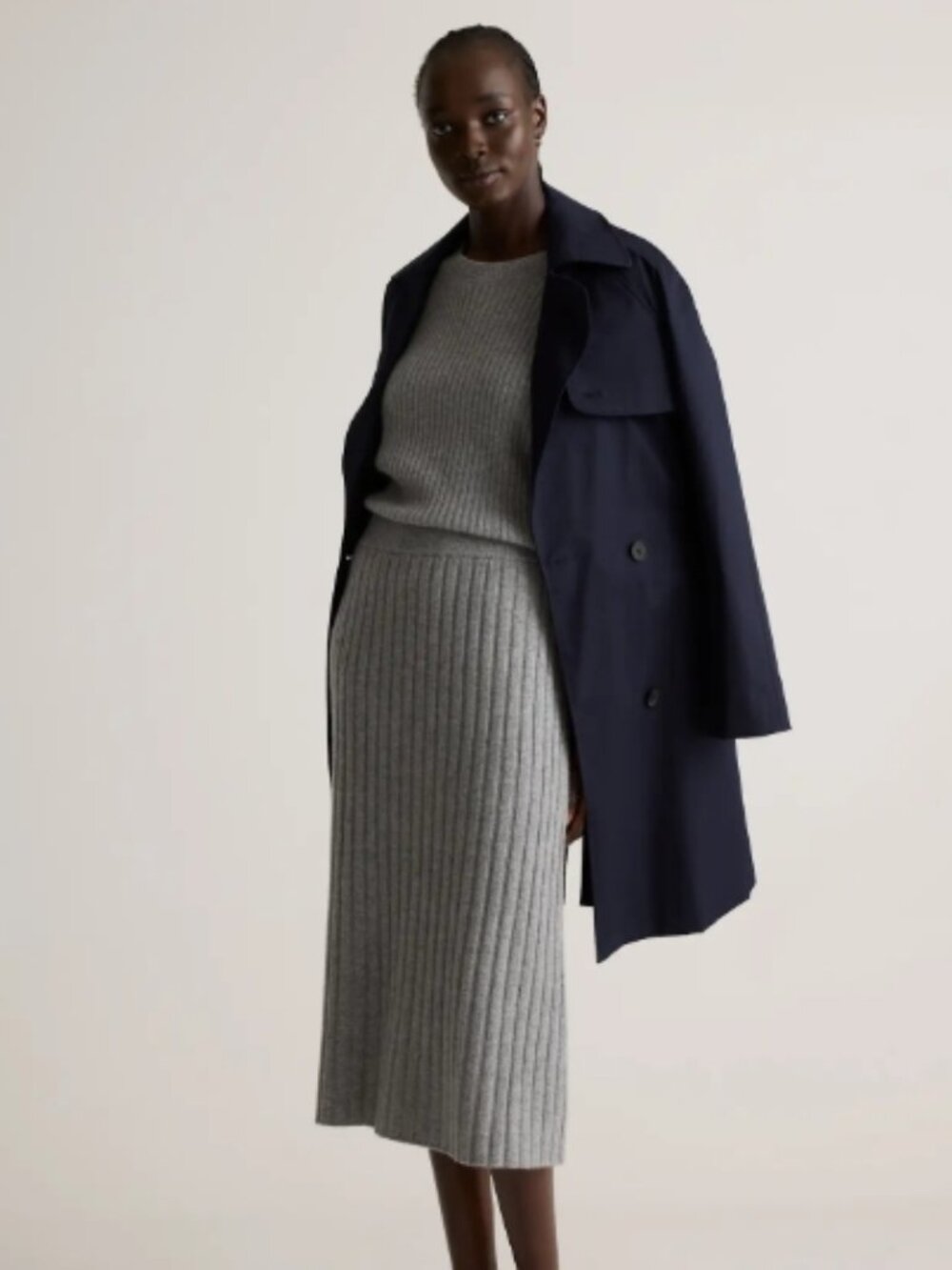 NWOT Quince Ribbed Cashmere Midi Skirt SMALL Heather Grey